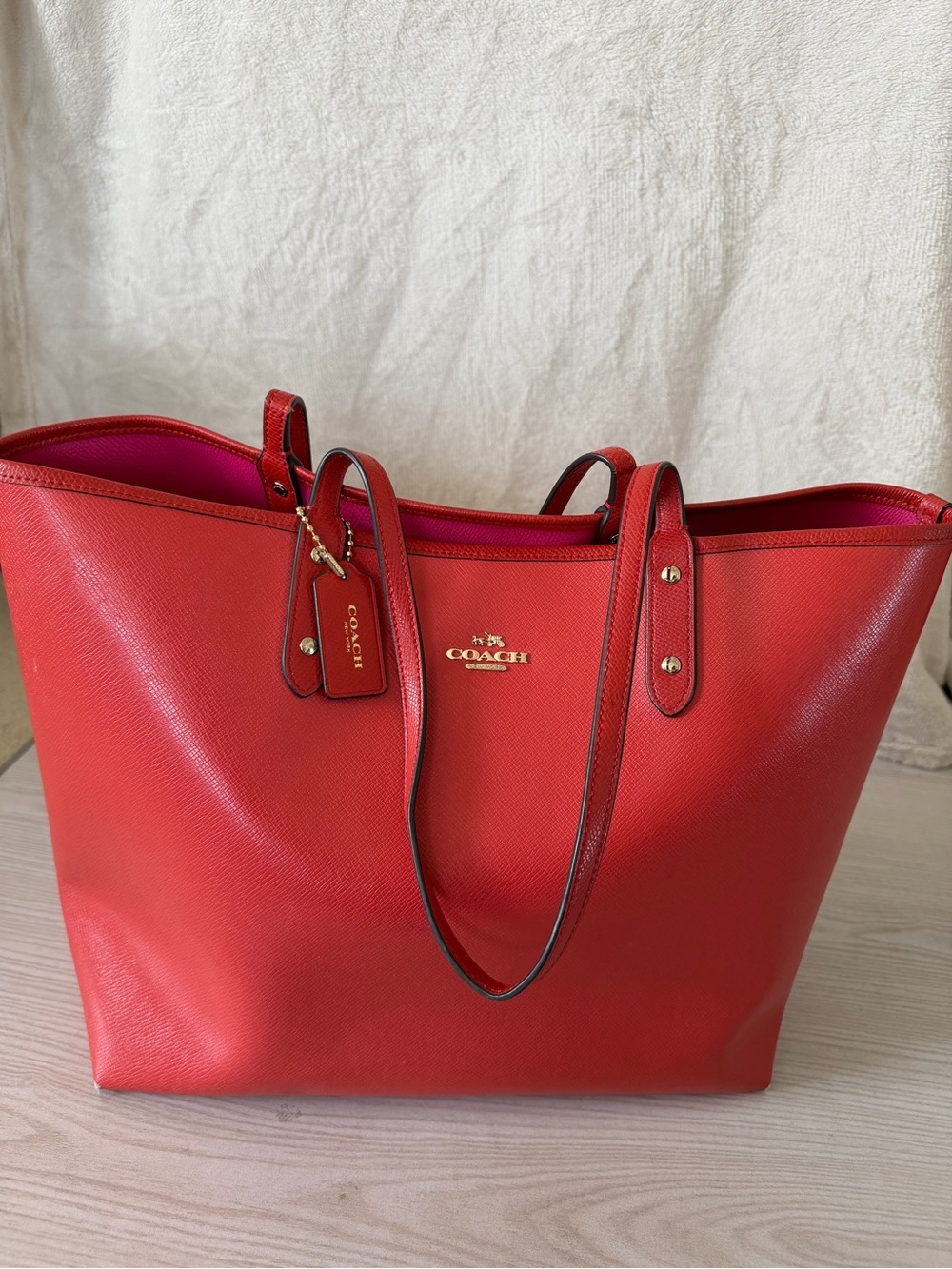 Coach Orange/Hot Pink Reversible City Tote with Gold Hardware